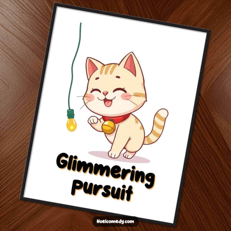Funny Digital Art Print of a smiling cat with a bell collar chasing a dangling Christmas light.