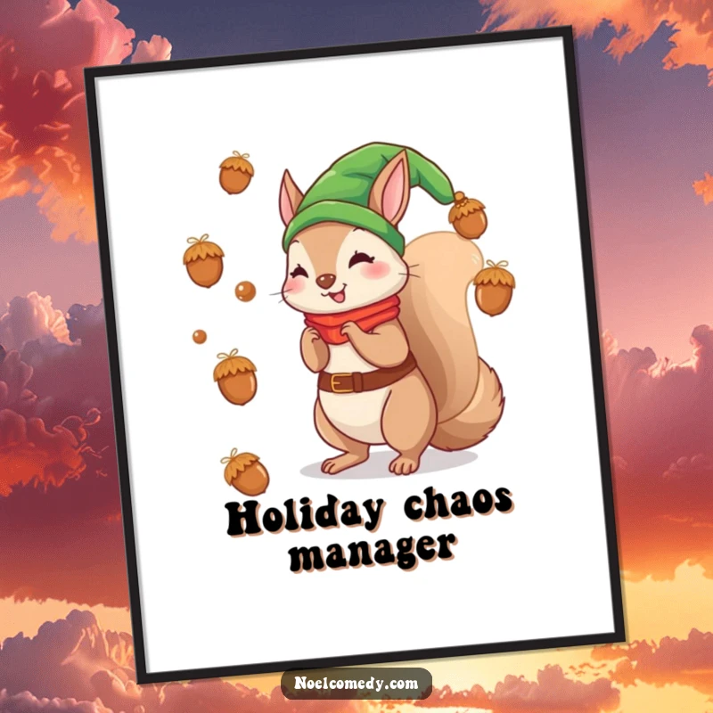 Funny digital art print of a squirrel elf tossing acorns like ornaments, capturing holiday whimsy.