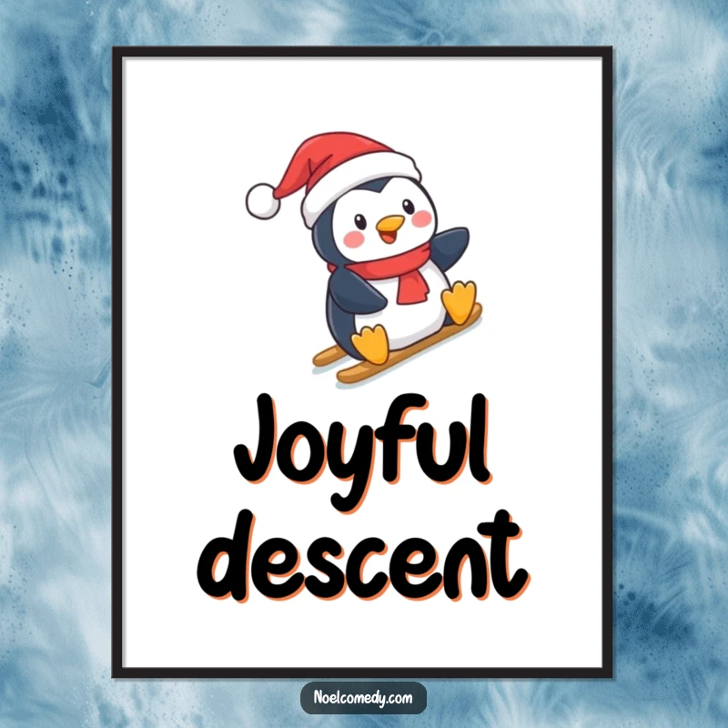 Funny Digital Art Print: A cheerful penguin in a Santa hat, actively sliding down a snowy hill, embodying holiday joy.