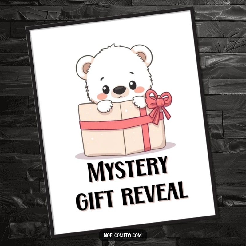 Funny Digital Art Print: A curious polar bear cub peeking from behind a wrapped gift, embodying playful wonder and cuteness.