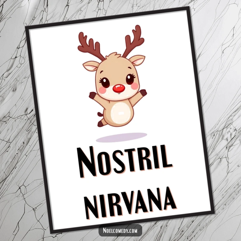 Funny digital art print of a hopping reindeer character with glowing red nostrils, embodying holiday magic.