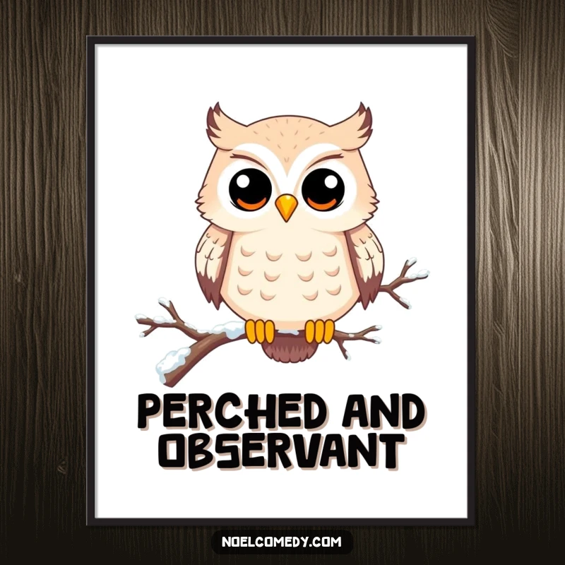 Funny digital art print of a happy, wide-eyed owl on a snowy branch. Perfect winter decor.