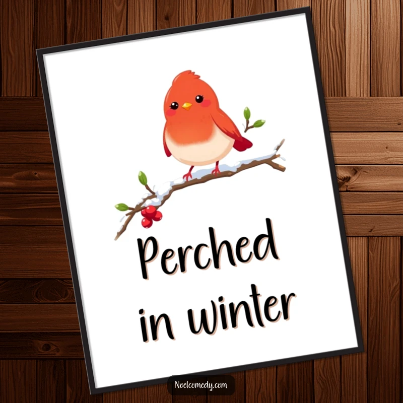 Funny red robin digital art print with a cheerful bird on a snowy branch, perfect for charming winter wall decor.