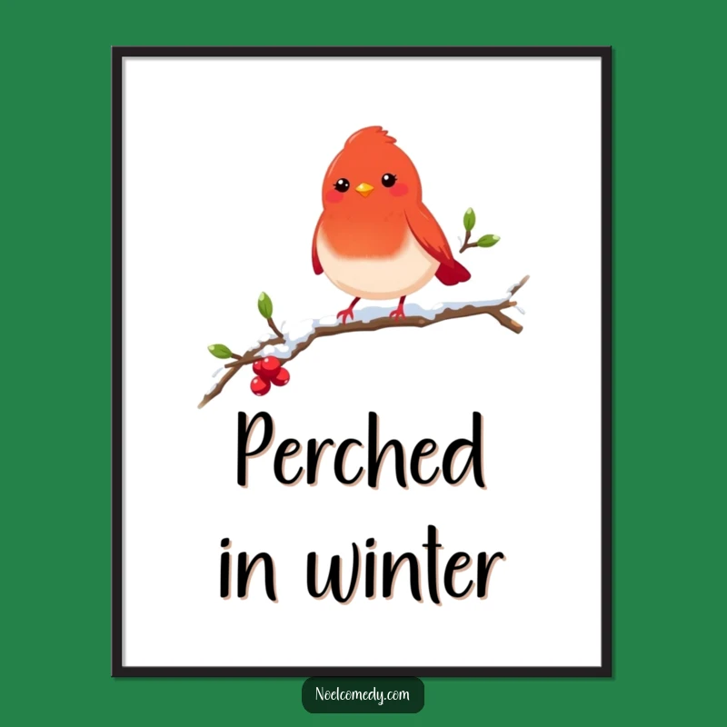 Funny Robin Digital Art: Cheerful Bird on Snowy Branch Print for Winter Decor