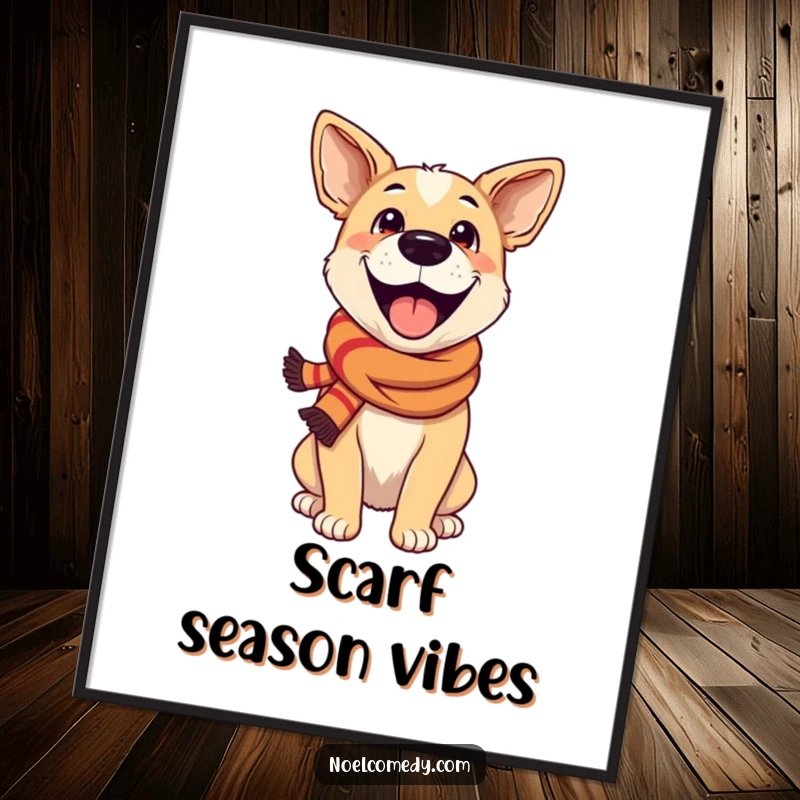 Funny Digital Art Print: An excited dog wearing a festive scarf, radiating pure joy and festive spirit for cheerful decor.