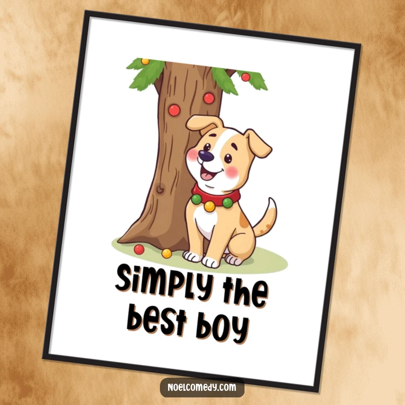 Funny digital art print of a cheerful dog in a festive collar wagging its tail near a holiday tree.