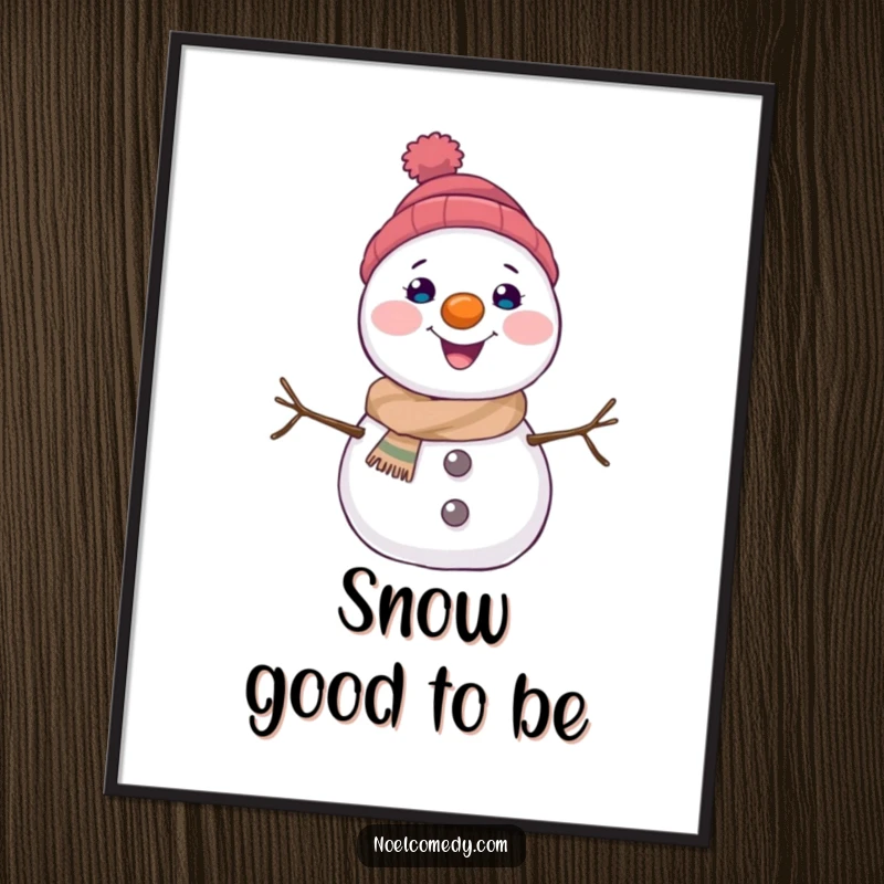 Funny snowman digital art print of a happy character with a carrot nose, ideal for instant winter-themed wall art.