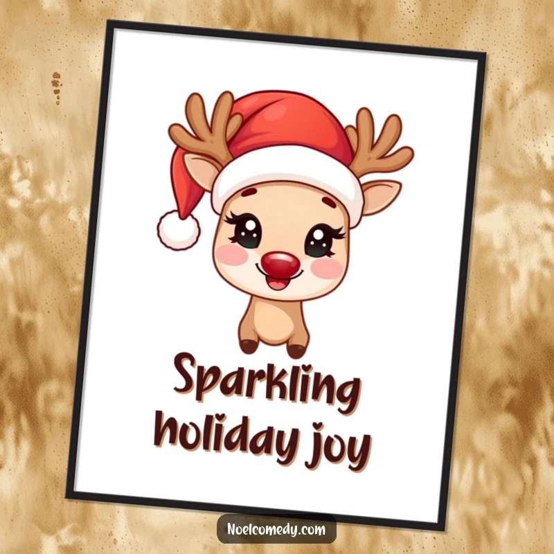 Funny Digital Art Print of a joyful reindeer with twinkling eyes, wearing a Santa hat, radiating Christmas cheer.