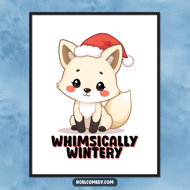 Funny arctic fox digital art print with a playful fox wearing a tiny Santa hat, offering instant holiday charm for walls.
