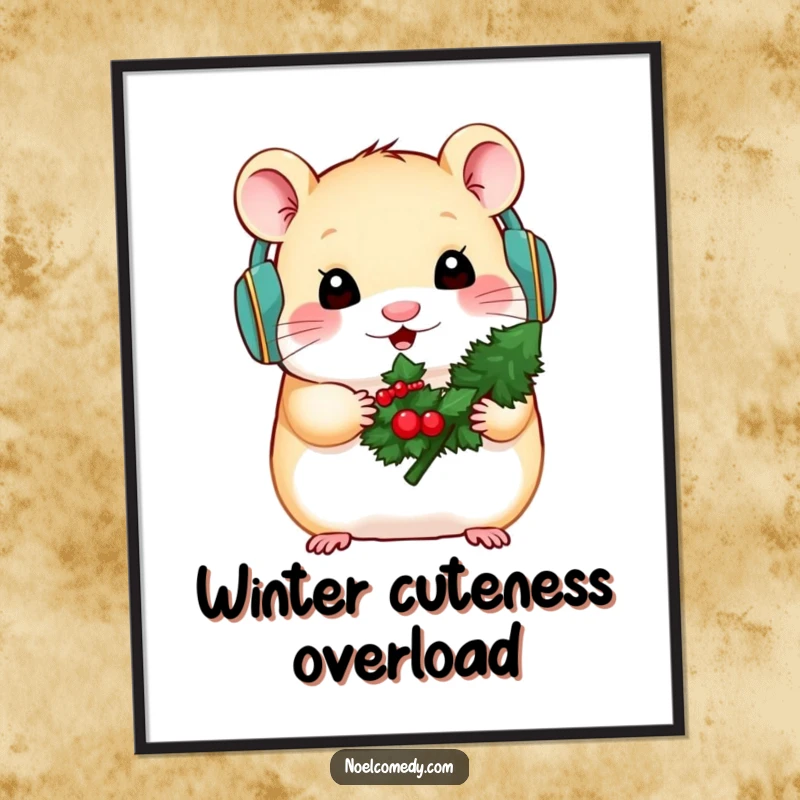 Funny digital art of a hamster wearing earmuffs holding a small decorated evergreen, perfect for winter decor.