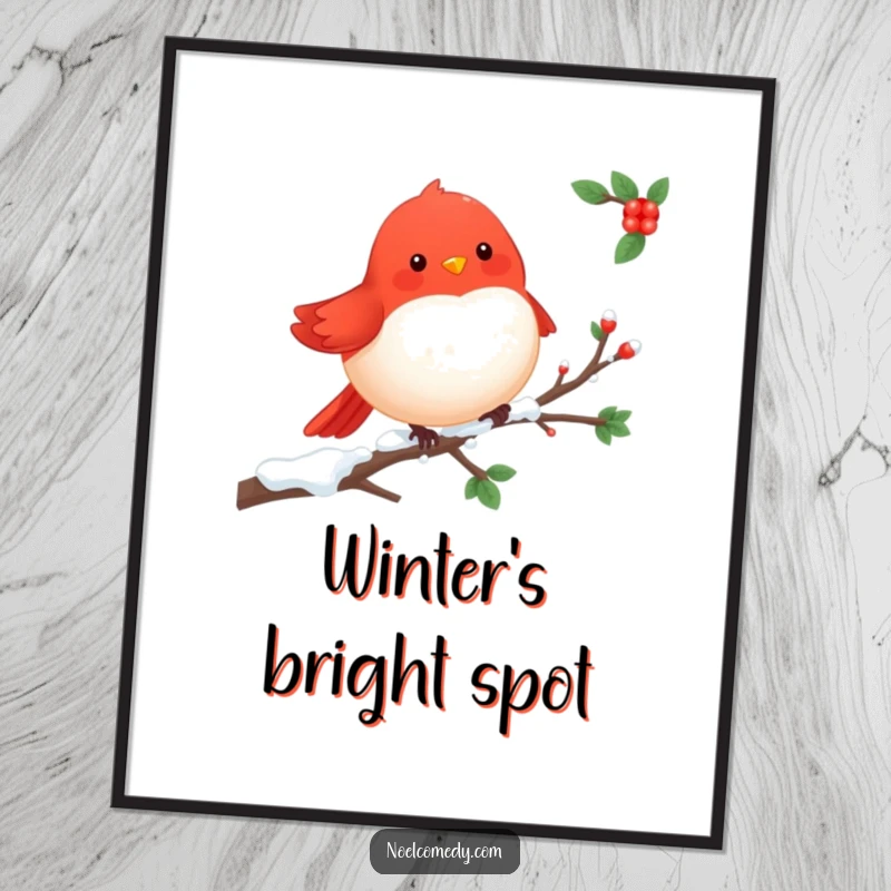 Cheerful Robin Digital Art Print: A red robin perched on a snowy branch, capturing the delicate beauty and cheerful spirit of winter wildlife.