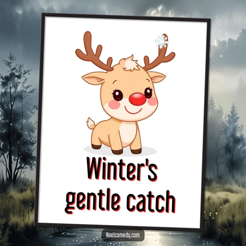 Funny Digital Art Print: A smiling reindeer with a red nose joyfully catches a falling snowflake, embodying winter's delicate beauty.