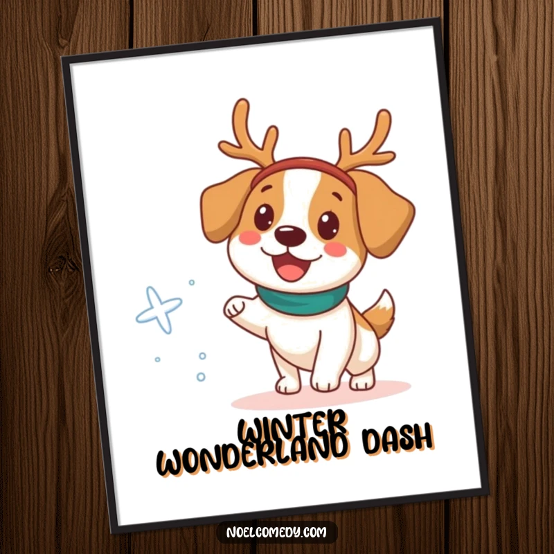 Funny Digital Art Print of a happy dog wearing a reindeer headband, chasing a scattered snowflake.