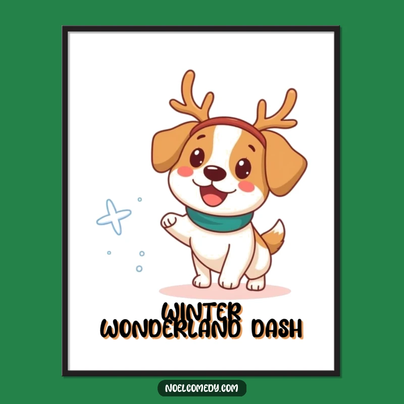 Funny Dog Reindeer Digital Art: Happy Holiday Chase Print