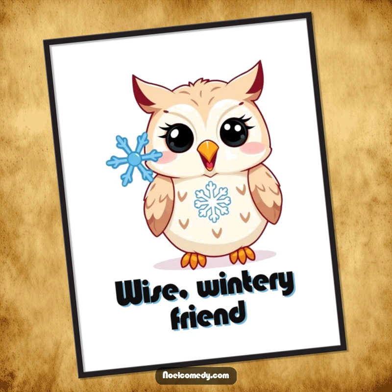 Funny Digital Art Print: A happy owl hooting with a snowflake, bringing winter cheer and humorous wisdom instantly.