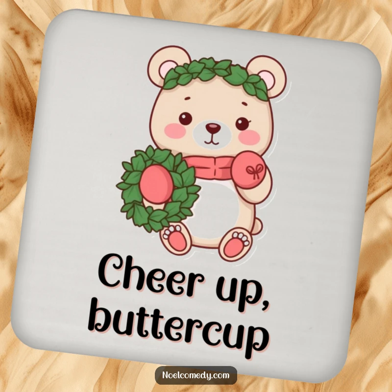 Funny coaster with a cheerful bear wearing mittens and holding a wreath. Adds rustic charm.
