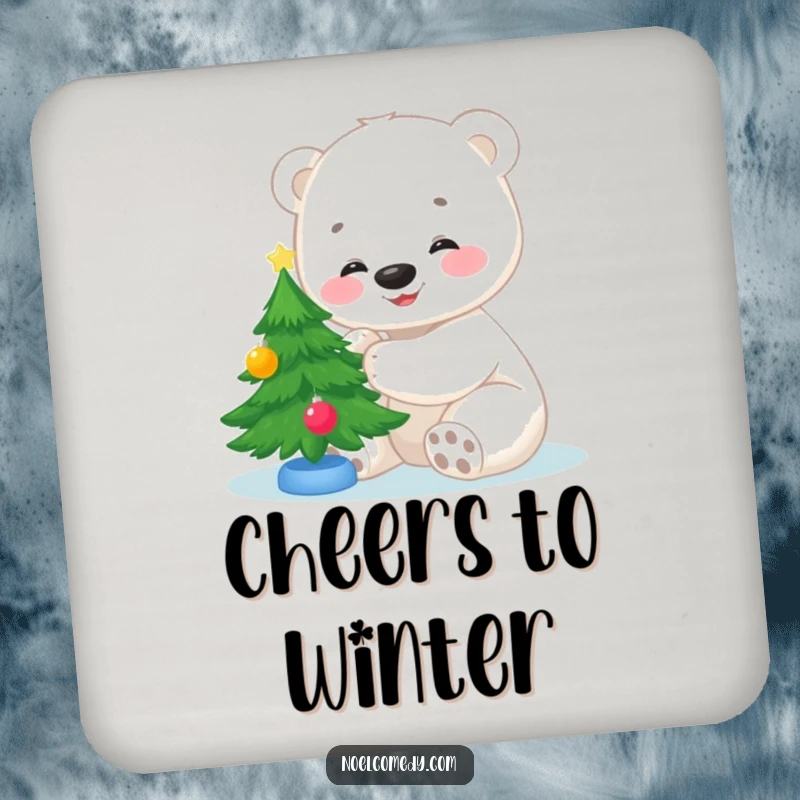 Funny drink coaster featuring a smiling polar bear cub decorating a small Christmas tree, adding a touch of holiday charm.