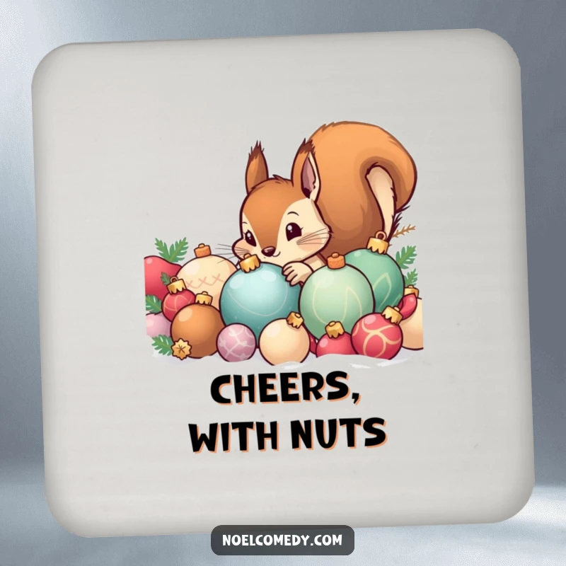 Funny drink coaster with a curious squirrel peeking from behind festive Christmas ornaments, adding a whimsical touch to drink service.