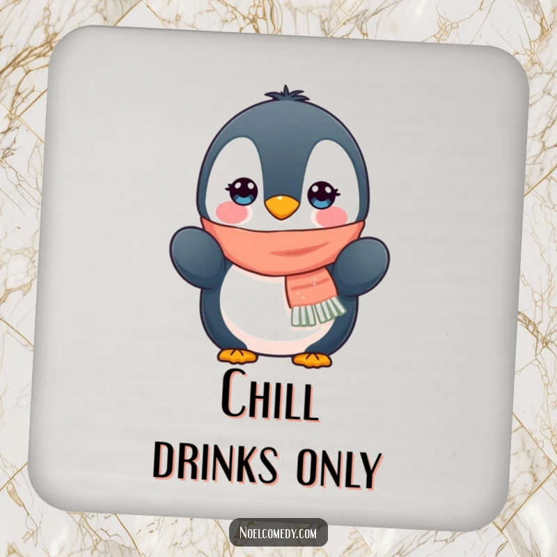 Funny coasters set featuring a cute penguin character wearing a scarf and mittens, protecting surfaces with winter charm.