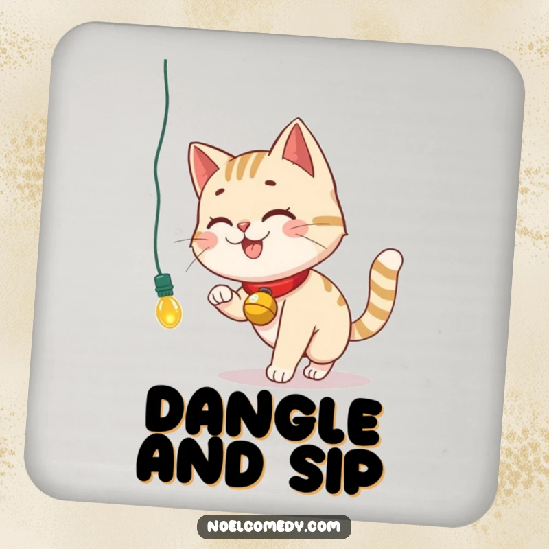 Funny Drink Coaster with a smiling cat with a bell collar chasing a dangling Christmas light, adding festive flair.