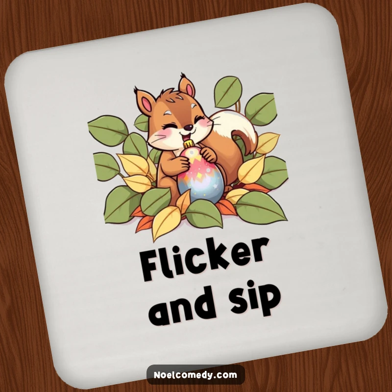 Funny Drink Coaster with a giggling squirrel hiding a shiny ornament in leaves, adding festive flair.