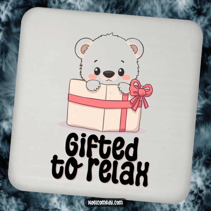 Funny Coaster: A coaster featuring a curious polar bear cub peeking from behind a gift, adding a touch of whimsy.