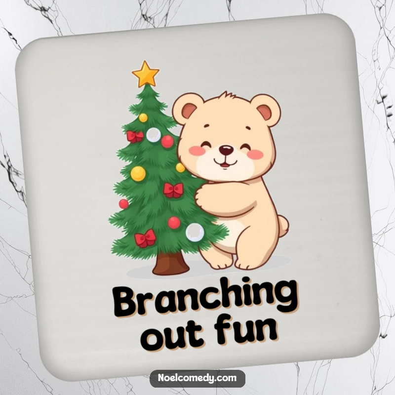 Funny coasters featuring a bear cub hugging a decorated pine tree, providing festive and protective surface coverage.