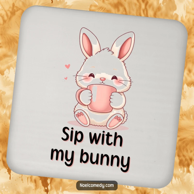 Funny Coasters: A fluffy bunny holding a warm mug, protecting surfaces with cozy charm and a touch of adorable humor.