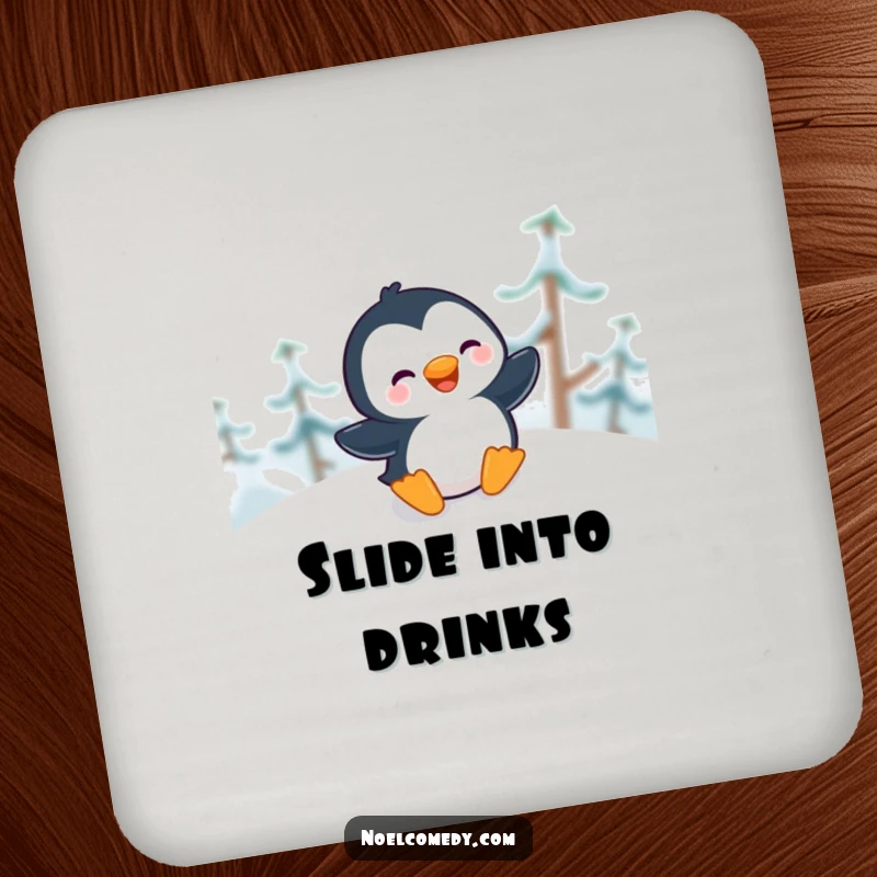 Funny Drink Coasters showing a giggling penguin sliding gleefully down a snowy hill, adding festive winter flair.