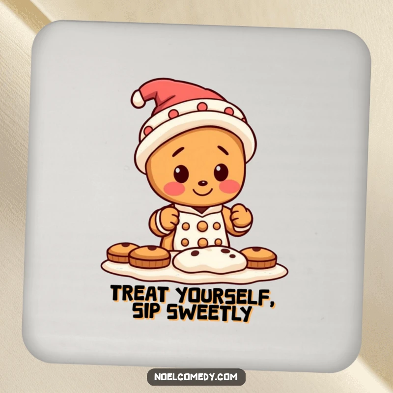 Funny drink coaster showing a tiny gingerbread man wearing a silly hat, baking cookies, for surface protection.