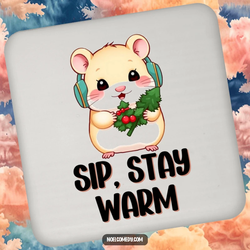 Funny coasters with a hamster wearing earmuffs and holding a mini evergreen, perfect for winter protection.