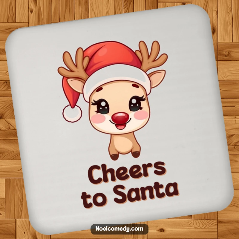 Funny Drink Coasters showing a joyful reindeer wearing a Santa hat with twinkling eyes, adding festive flair.
