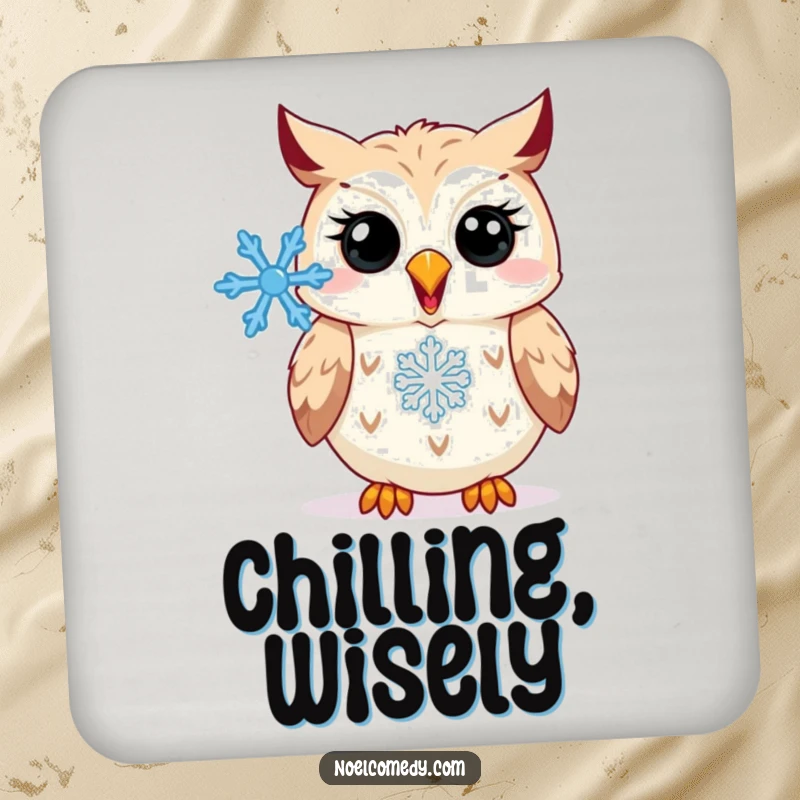 Funny Coaster: A happy owl hooting with a snowflake, protecting surfaces with winter charm and humor.
