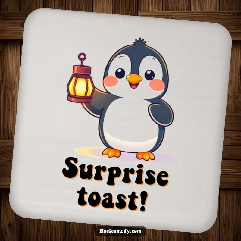 Funny drink coaster featuring a happy penguin looking surprised while holding a glowing lantern, adding a touch of whimsy.