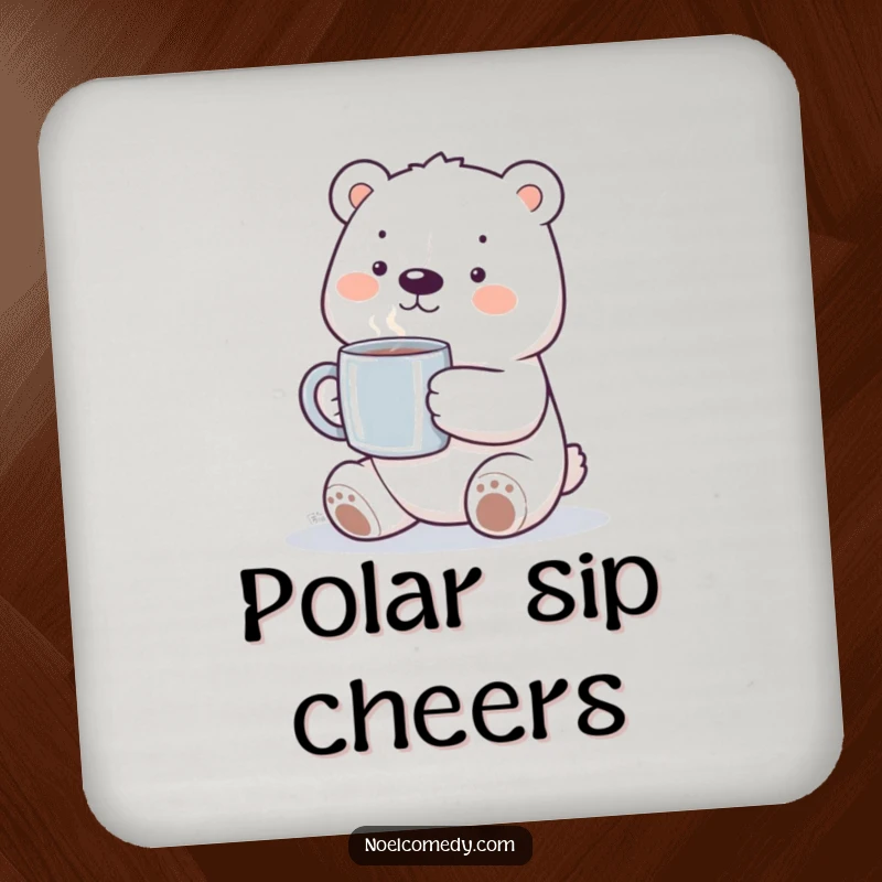 Funny polar bear coasters featuring a smiling bear holding a steaming mug, adding cozy charm and protecting surfaces.