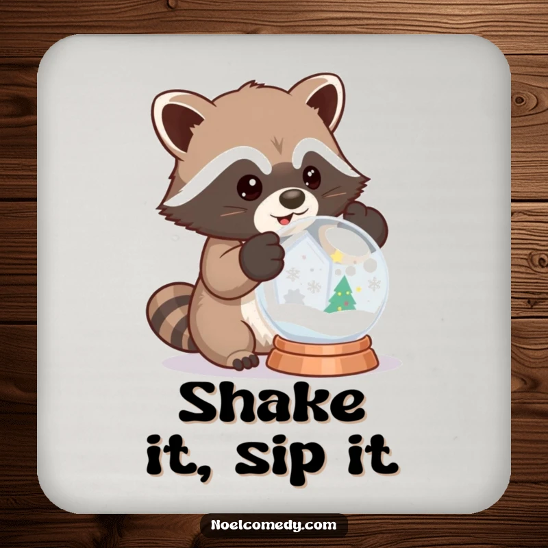 Funny coasters with a raccoon in mittens shaking a snow globe, perfect for protecting surfaces.