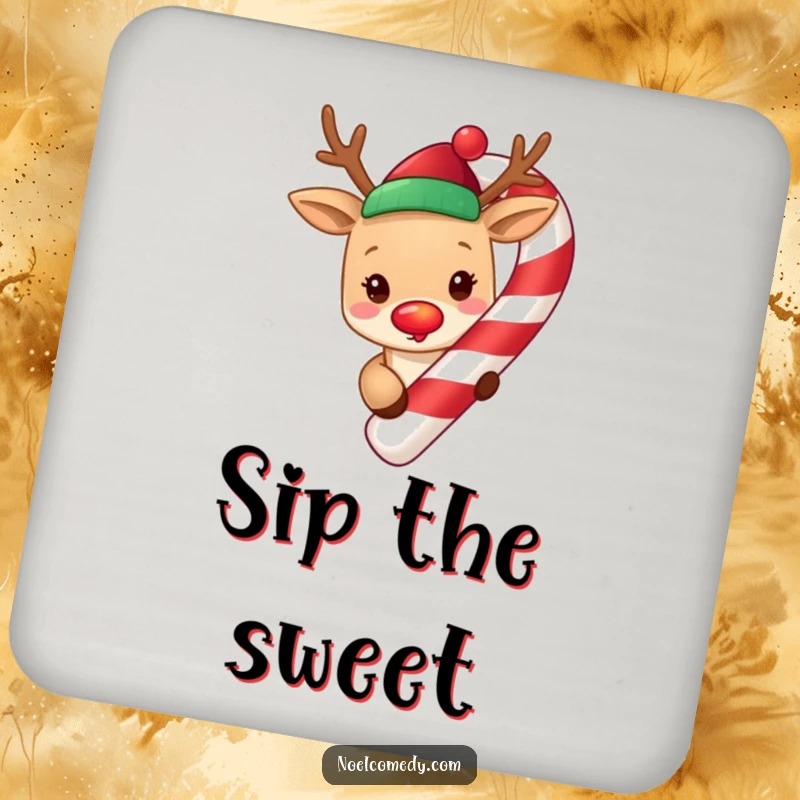 Funny cute reindeer with a glowing red nose, peeking from around a giant candy cane, featured on festive drink coasters.
