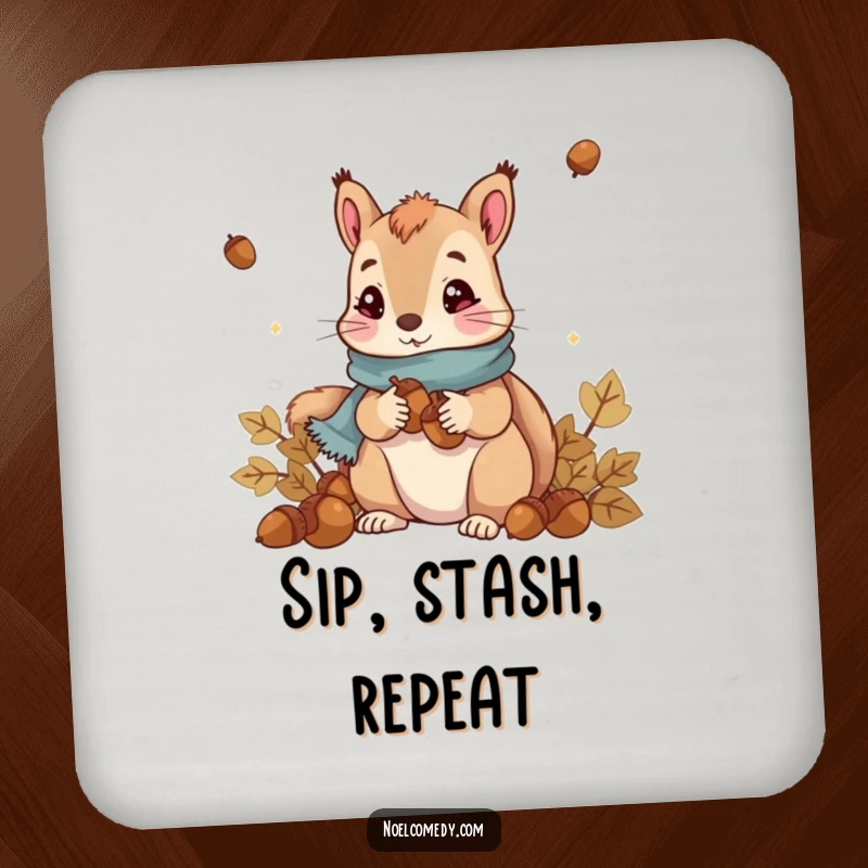 Funny Squirrel Coaster: Cute squirrel in scarf collecting acorns, protecting surfaces with woodland charm and humor.
