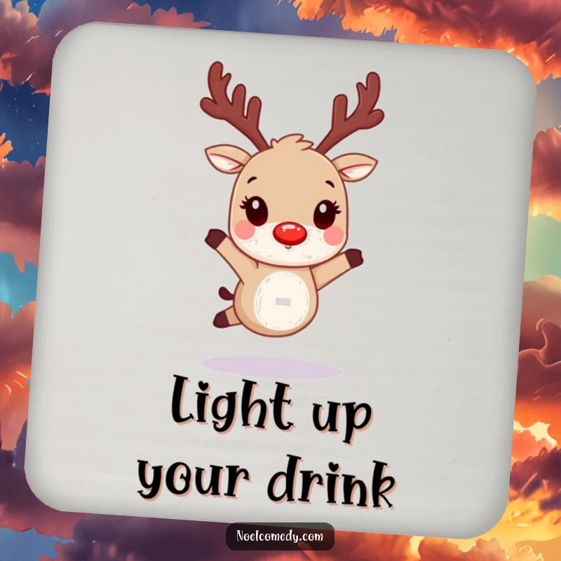 Funny drink coaster with a hopping reindeer character and glowing red nostrils, adding festive charm.