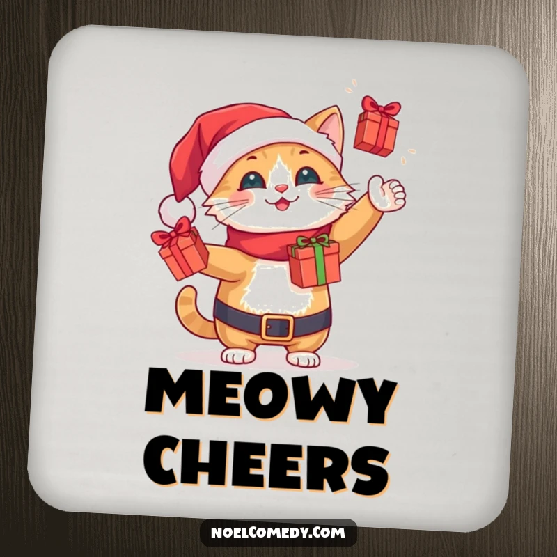 Funny cheerful Santa cat juggling tiny wrapped gift boxes, featured on festive drink coasters.