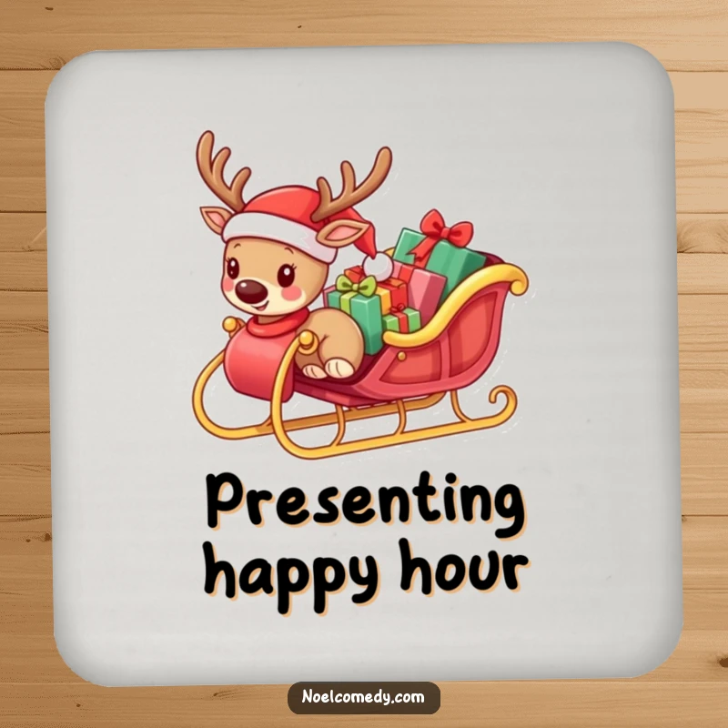 Funny drink coaster with a small reindeer wearing a Santa hat, pulling a sleigh overloaded with presents, protecting surfaces humorously.