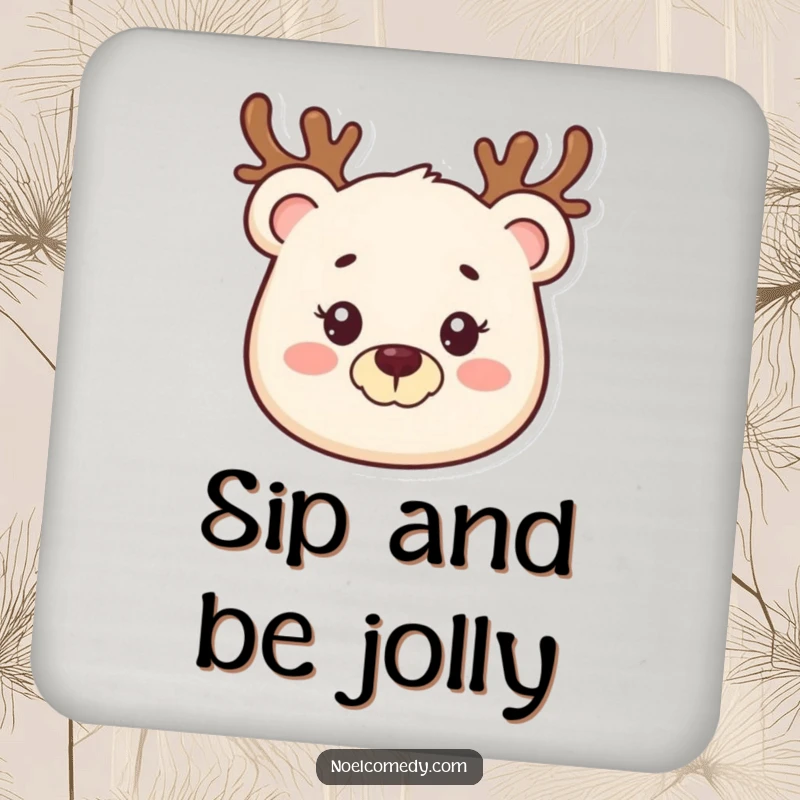 Funny drink coasters featuring a smiling bear with a reindeer antler headband, providing surface protection with holiday cheer.