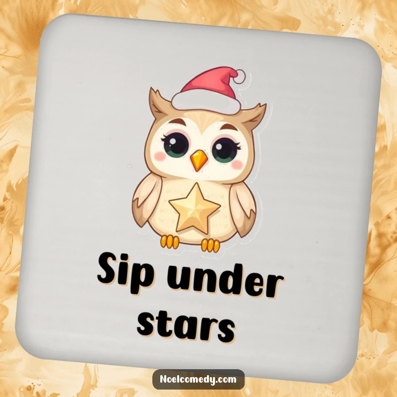 Funny drink coasters featuring a festive owl holding a shimmering star, adding magical charm.