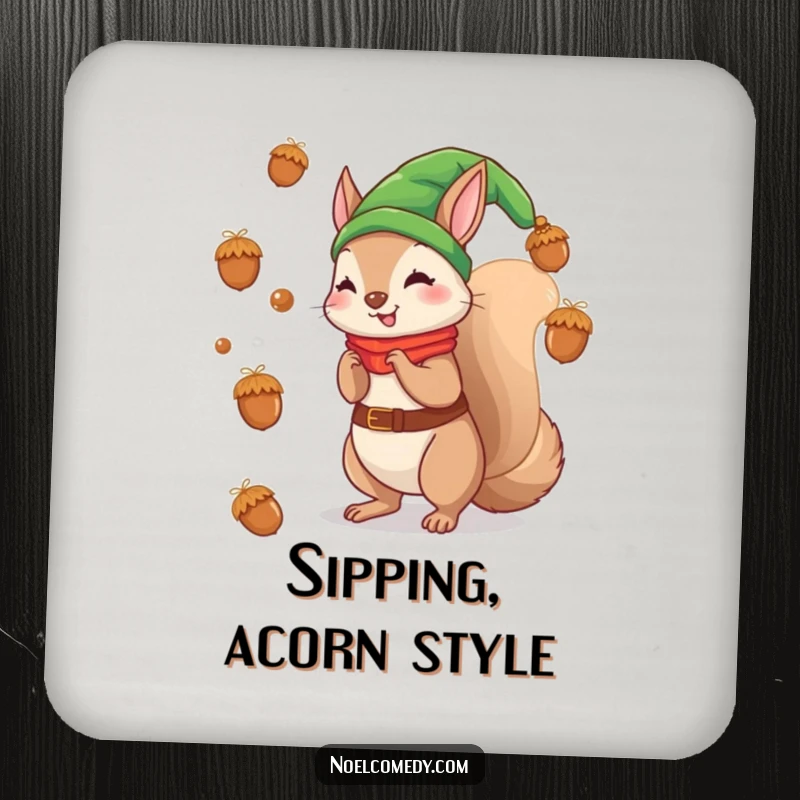 Funny drink coasters featuring a squirrel elf tossing acorns like ornaments, adding holiday charm.