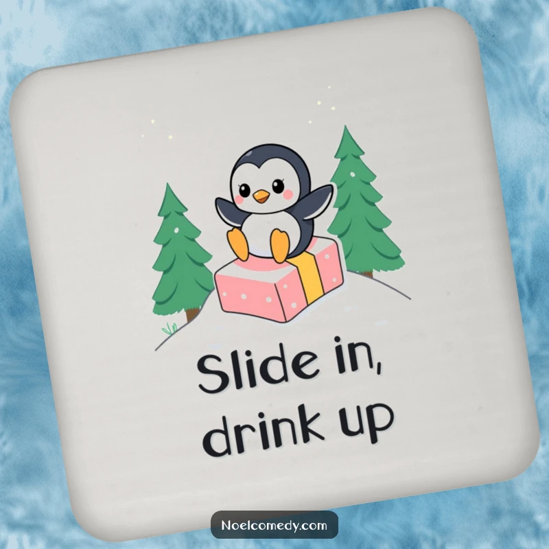Funny drink coaster showing a happy penguin character joyfully sliding down a snowy hill on a gift, for surface protection.
