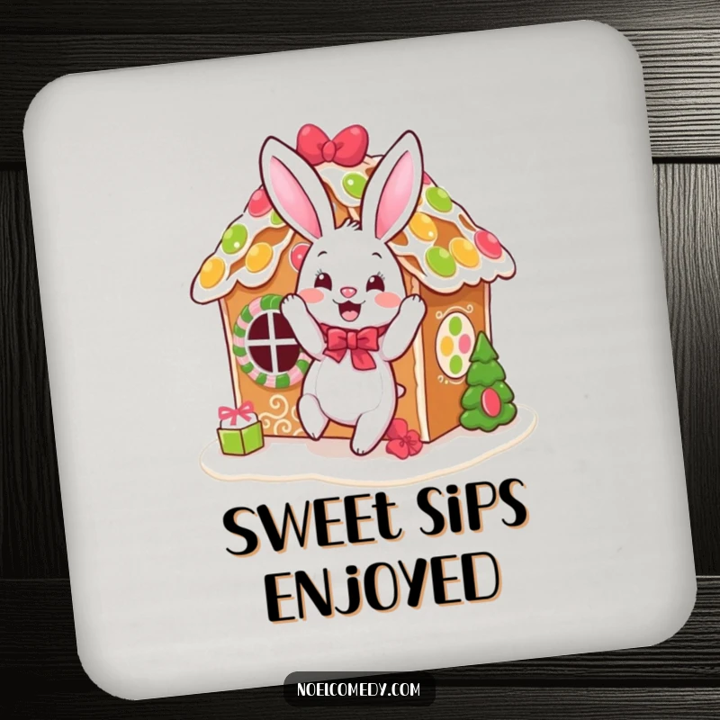 Funny coasters featuring a bouncing bunny decorating a gingerbread house, providing festive surface protection.