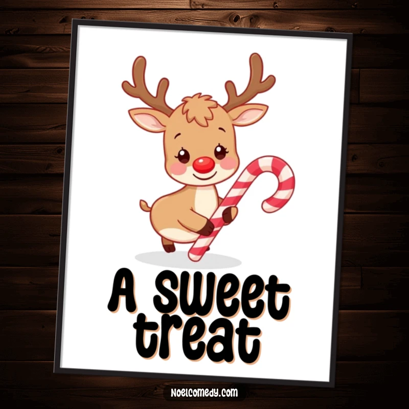 Funny poster showcasing a playful reindeer gently nudging a large candy cane with its nose, capturing a sweet and mischievous holiday moment.