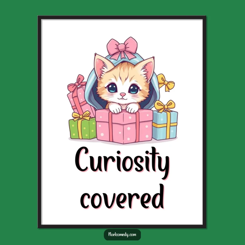 Funny Kitten Christmas Poster: Playful Gift Pile Art Print