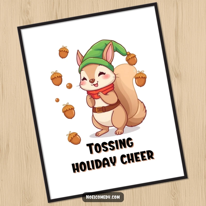 Funny poster artwork of a squirrel elf tossing acorns as ornaments, capturing holiday enchantment.