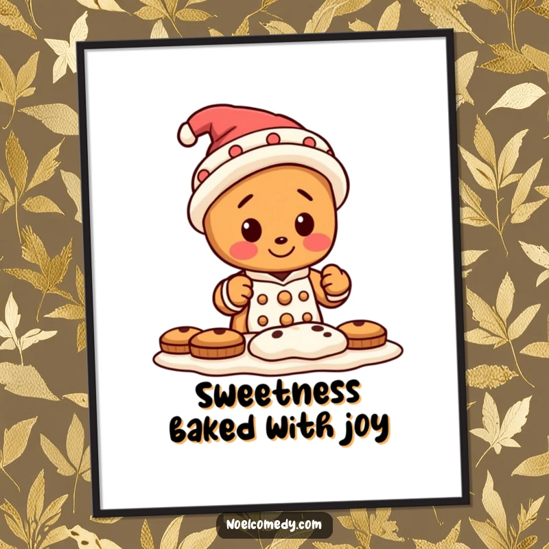 Funny poster illustration of a tiny gingerbread man character wearing a silly hat, happily baking cookies in a charming kitchen setting.